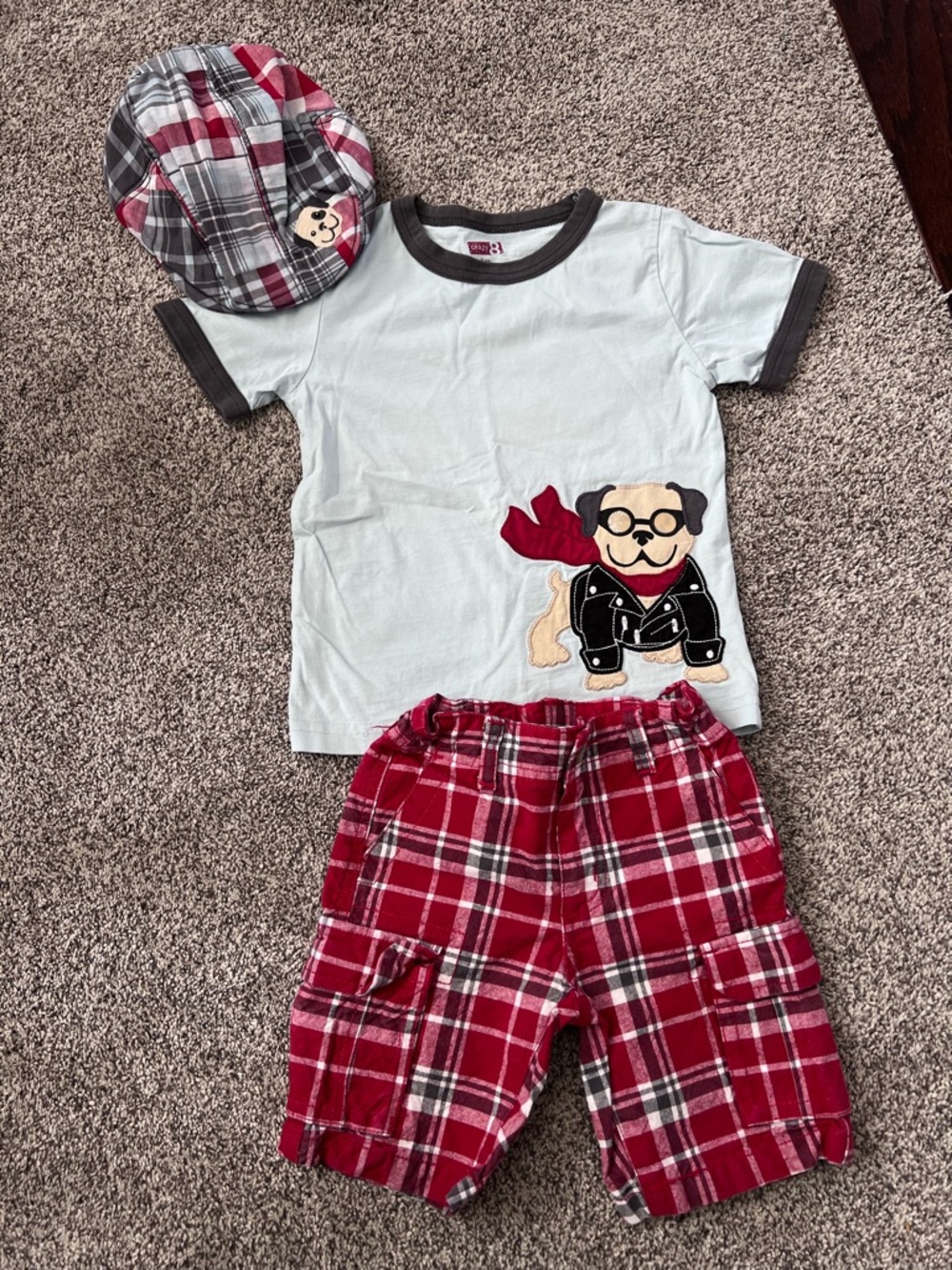 Crazy 8 Kids Plaid Red shorts Set with Puppy Applique shirt and matching Hat